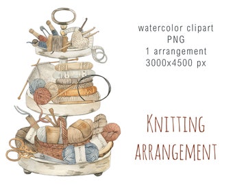 Watercolor  Knitting arrangement Clipart, Knitting Clip Art, Needlework, Stitching, Scissors, Buttons, Hobby Set ,Decor digital, PNG