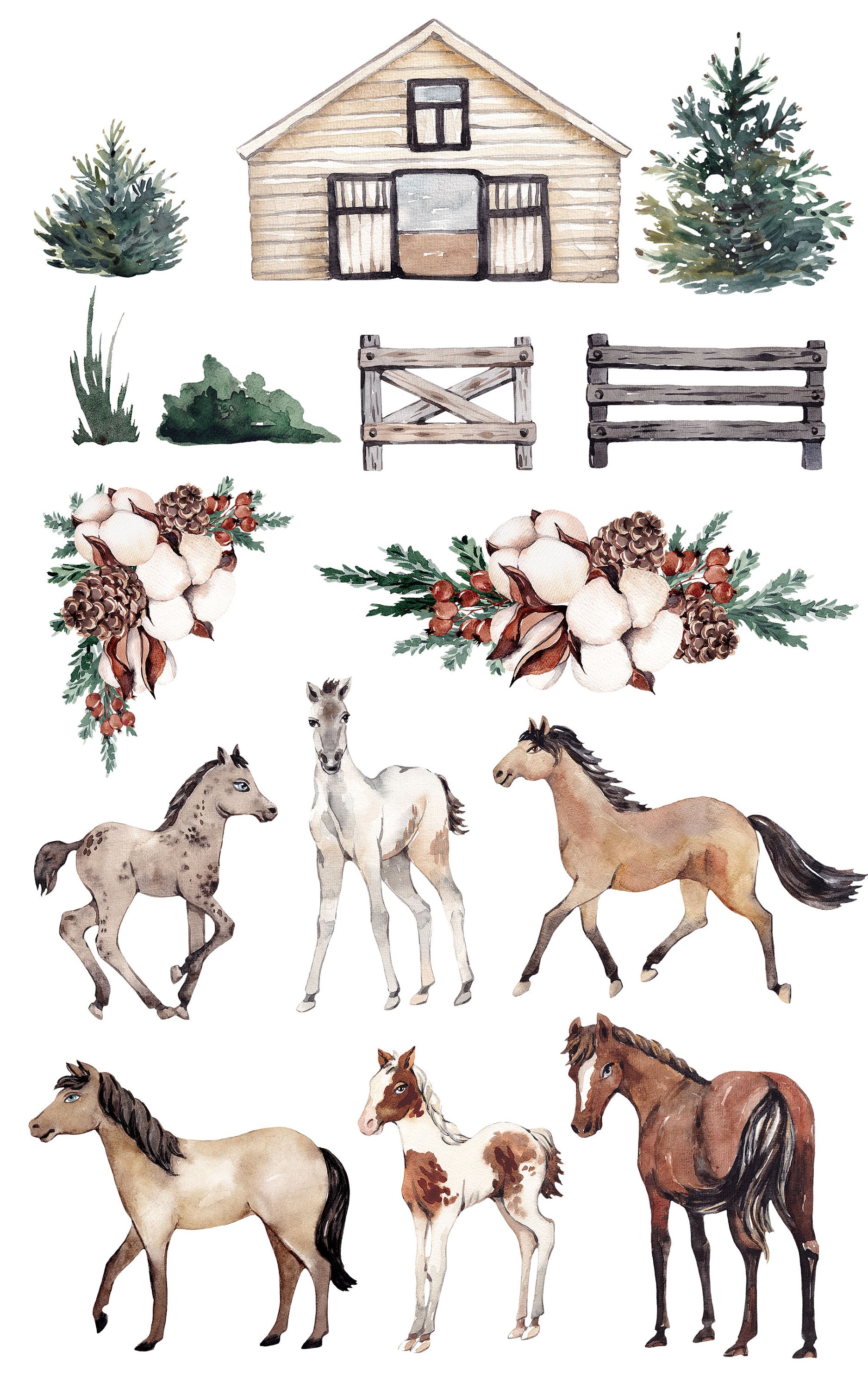 Watercolor Horse Clipart Animal Illustration Winter Decoration Farm ...
