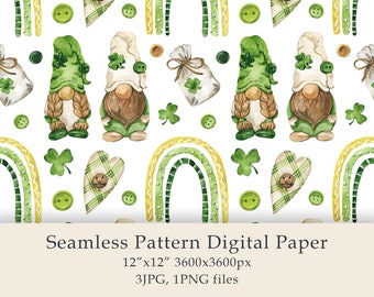 Watercolor Patrick's Day #1 Seamless Pattern Digital Paper Cute Gnomes Clover Fabric Textile Farmhouse Decor Rainbow Design Digital PNG JPG