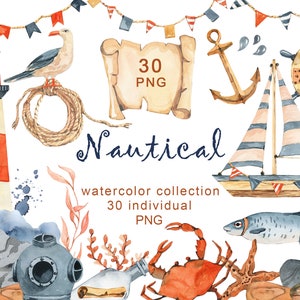 Clipart nautico ad acquerello Clipart ad acquerello ragazzi Nave Faro Banner Scroll Ancora Bandierina Baby Shower Invito digitale png