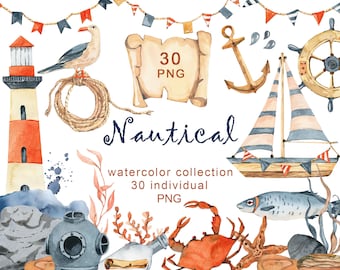 Watercolor Nautical Clipart Watercolor clipart boys Ship Lighthouse Banner Scroll Anchor Bunting Baby Shower Invitation digital png