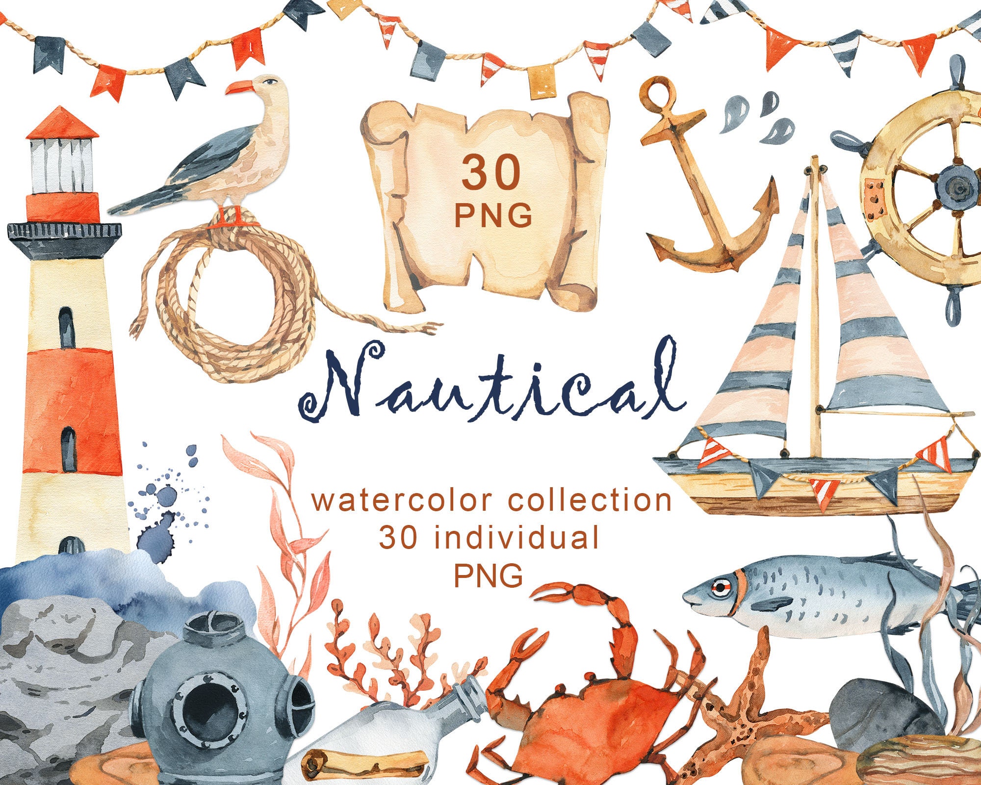 Watercolor Nautical Clipart Watercolor Clipart Boys Ship Lighthouse Banner  Scroll Anchor Bunting Baby Shower Invitation Digital Png -  New Zealand