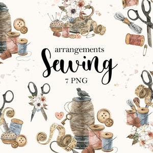 Watercolor Vintage Sewing arrangement Clipart Sewing machine Clip Art Needlework Stitching Scissors Buttons Hobby Set Decor digital PNG