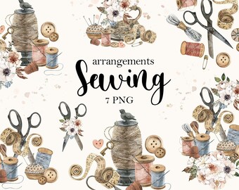 Watercolor Vintage Sewing Clipart, Floral Sewing Machine PNG Graphics Bundle for Junk Journals, Scrapbooking Elements & Digital Sublimation