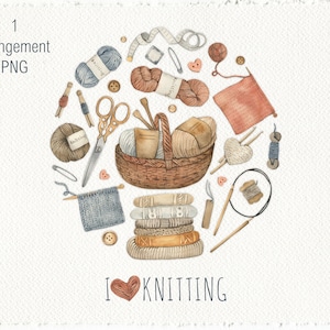 Aquarell Vintage Stricken Arrangement Clipart, handgemalte Clip Art, Handarbeit, Hobby, Mode Set, Dekor digital, PNG
