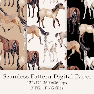 Watercolor Horses Seamless Pattern Digital Paper Cowgirl birthday Cute animals Horse Farmhouse decor horse pattern fabric Digital PNG JPG