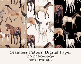 Watercolor Horse Seamless Pattern Digital Paper, Cute Horse Clipart Fabric Design PNG JPG, Nursery Wallpaper, Cowgirl Birthday Scrapbook