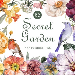 Aquarelle Floral Clipart Oiseaux Clipart Jardin Fleurs Sauvages Clipart Robin, Printemps, Été, Mariage, Pâques, Baby Shower, Fête des Mères, png