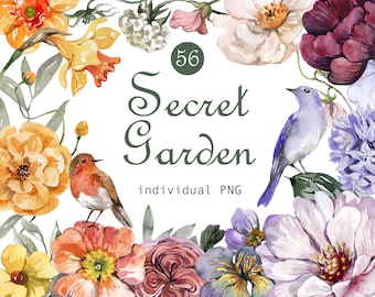 Watercolor Floral Clipart Birds Clipart Garden Wild Flowers Clipart Robin, Spring, Summer, Wedding, Easter, Baby Shower, Mothers Day, png