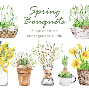 Aquarelle Bouquets de printemps Clipart Joyeuses Pâques PNG Aquarelle floral clipart Jonquilles Perce-neige Fleurs de printemps feuilles Logo design png
