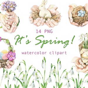 Acuarela clipart Primavera Acuarela clipart Pascua Snowdrop clipart Primavera flores clipart cesta acuarela manos conejo huevos digital png