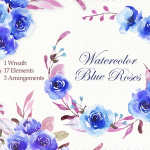 Roses bleues aquarelles Clipart éléments Arrangement couronne de fleurs bleues clip art clipart botanique faire-part de mariage création de logo bohème png