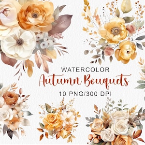 Watercolor Autumn Bouquets Clipart Fall Flowers Clip Art Fall Rustic Fall Decor Clipart Cozy Autumn Woodland Home Decor digital PNG download