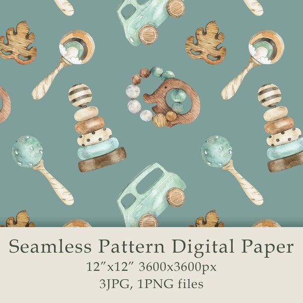 Watercolor Eco Toys Seamless Pattern Digital Paper Boho Baby png Birthday invitation Scrapbooking Children's toys pattern fabric PNG JPG