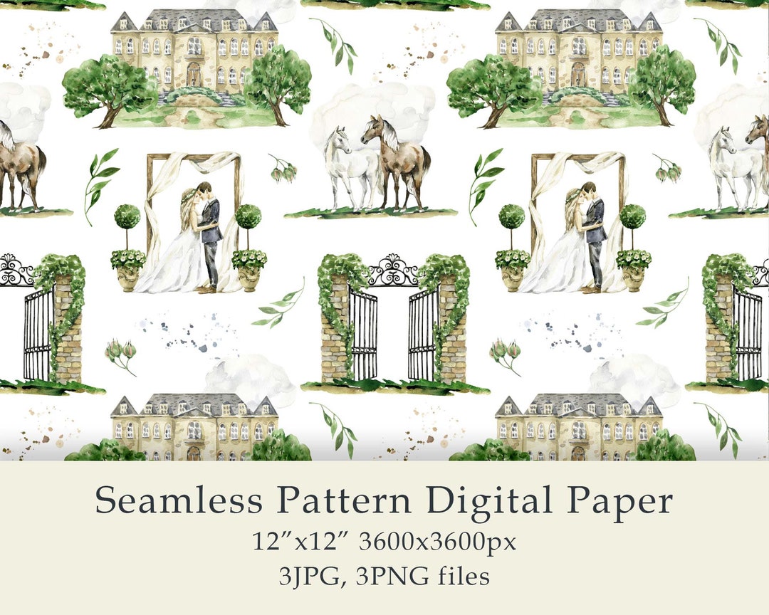Watercolor Wedding Seamless Pattern Digital Paper Green Leaves Palace ...