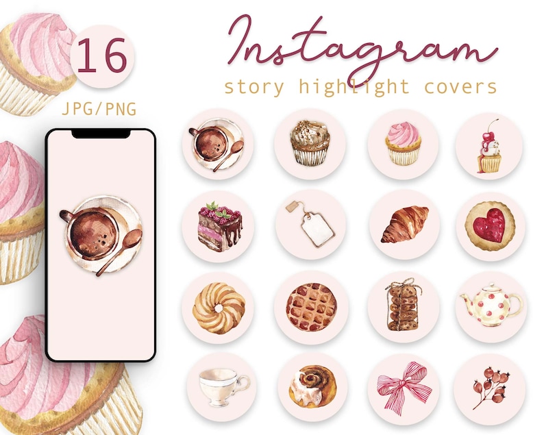 Watercolor Coffe Time Instagram Highlight Icons Watercolor Instagram Story Highlight Covers Bakering Blogger Sweets Cupcake Icons png jpg image 1