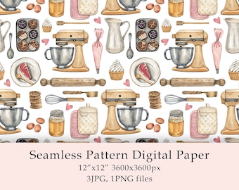 Watercolor Baking Seamless Pattern, Digital Paper, Food decor, Sweets Dessert, Kitchen pattern, Bakery Supplies, Scrapbooking, PNG, JPG