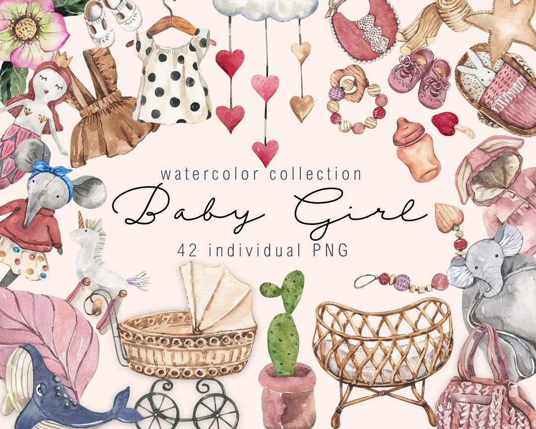 Watercolor Baby Girl Clipart Boho Baby Clothes Toy Clipart Newborn Boy ...