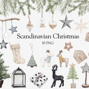 Clipart di Natale scandinavo disegnato a mano Case di pan di zenzero Decorazioni invernali Albero di Natale accogliente Clipart Clipart digitale Download digitale PNG
