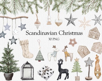 May include: Watercolor illustrations of Scandinavian Christmas decorations, including stars, ornaments, gingerbread houses, reindeer, and a Christmas tree. The text "Scandinavian Christmas" is displayed.