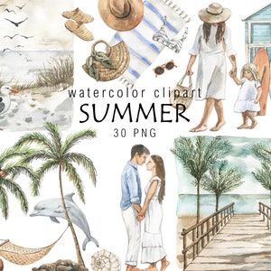 Acuarela Verano Clipart Paisaje de playa Paisaje marino Náutica Mar Ocean Decoración Personas en la playa Linterna Naturaleza png