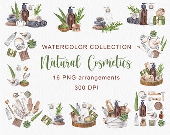 Watercolor Natural Cosmetics arrangements Watercolour Clip art Birthday invitation Card Eco Style Clip art Spa Day decor digital PNG