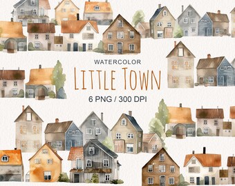 May include: Watercolor illustration of a small town with houses in various colors, including brown, blue, and gray. The illustration is titled "Watercolor Little Town 6 PNG / 300 DPI".