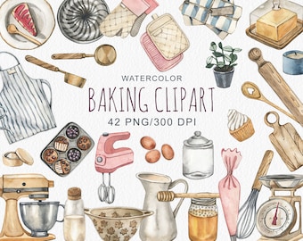 Watercolor Baking Clipart, Cooking clip art, Kitchen Clipart, Planner Stickers, Bakery Supplies, Food clipart, Bakery Decor, PNG