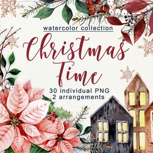 Watercolor Clipart Christmas Cute Houses Winter Cozy Clipart Digital clip art PNG Hand Painted Logo design Instant Download