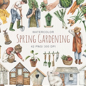 Aquarelle printemps jardinage clipart décoration de printemps outils de jardin clipart jardinage clipart ferme jardin verdure Clipart numérique PNG