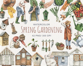 Watercolor Spring Garden Clipart: Tools & Decor (Digital PNG)