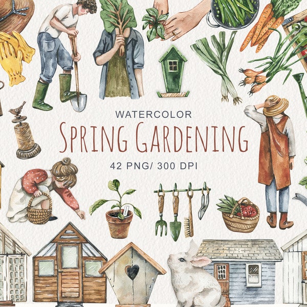 Watercolor Spring Gardening clipart Spring Decor Garden tools clipart Gardening clip art Farmhouse Garden Greenery Clipart digital PNG