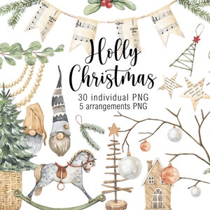 Aquarel Holly Christmas clipart houten huizen winter decor gezellige clipart kerstboom digitale illustraties handgeschilderde Instant Download png
