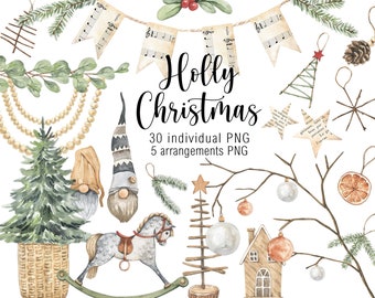 May include: Watercolor Christmas-themed digital art featuring various ornaments, a rocking horse, gnomes, and a Christmas tree. The words "Holly Christmas" are displayed in elegant script, with additional text indicating the number of PNG files and arrangements.