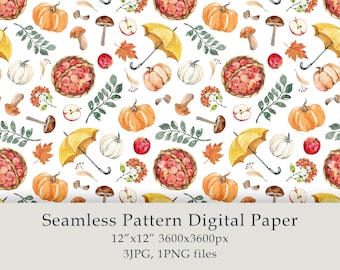 Aquarell Herbst Ernte Muster Digitales Papier Stoff Textilien Wohnkultur Garten Herbstblätter Design Geburtstag PNG Digital JPG PNG
