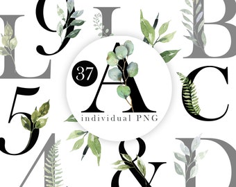 Watercolor Greenery Alphabet Foliage Clipart Forest Leaves Baby Eucalyptus PNG Wedding Invitations Hand Painted Green Leaves Branches