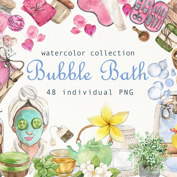 Watercolor Bubble Bath Clipart Spa clip art  Bathroom Things clip art Natural Cosmetic Zero Waste Bath Set Logo design  Download Digital PNG