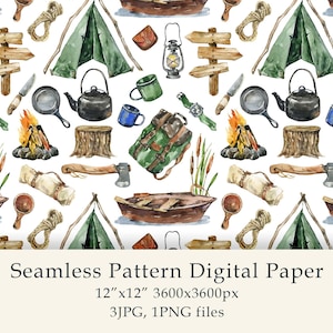 Aquarela Camping Padrão Sem Costura Papel Digital Sobrevivência Decoração de Aniversário Dia dos Pais Padrão de Tecido Digital JPG PNG