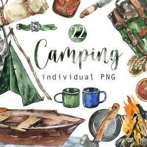 Aquarela Camping Clipart Viagem PNG Natureza Clip Art Pintado à Mão Clip Art Conjunto de Clip Art do Dia dos Pais Natureza Acessórios de acampamento digital