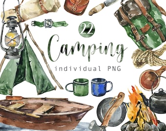 Aquarell Camping Clipart-Set, handgemalte Natur PNG (digitaler Download)