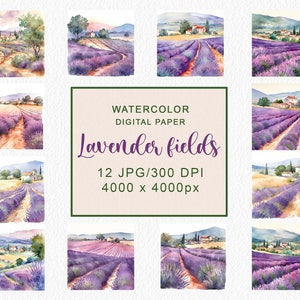 Fondos de campos de lavanda acuarela Paisaje de verano Papel digital Planificador digital Fondo para invitaciones descargar JPG