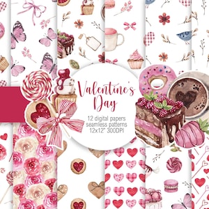 Aquarell Valentinstag Digitale Papiere Seamless Patterns Aquarell Hochzeit digitaler Hintergrund Scrapbooking Printable Stoffmuster JPG