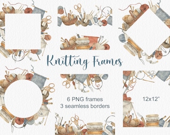 Watercolor Knitting Frames, Hand painted clipart, Needlework Decor, Hobby, Fashion Set, Logo Design, Decor digital, Borders, Wreaths, PNG