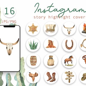 Aquarelles, icônes Western Instagram, illustrations à l&#39;aquarelle, histoire Instagram, surlignages de couvertures, cow-boy, blogueur chevaux, PNG, JPG