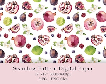 Watercolor Pomegranate Seamless Pattern Digital Paper birthday png Sweets fruit Fabric Textile Wedding Decor Garden Design Digital  PNG JPG