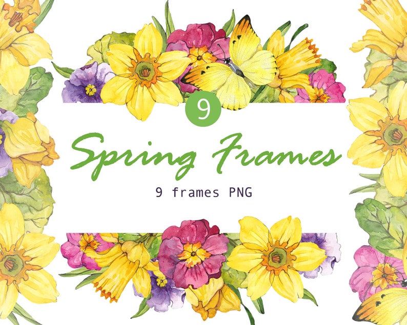 Watercolor Floral Frames Spring Yellow Daffodils Flower Wreath Boho ...