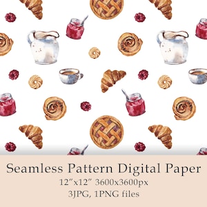 Könnte beinhalten: Ein nahtloses Muster-Digitalpapier mit Aquarell-Illustrationen von Gebäck, Kaffee und Marmelade. Das Muster enthält Croissants, Torten, Kaffeetassen und Marmeladengläser. Der Hintergrund ist weiß.