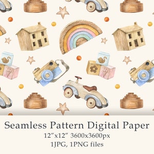 Aquarel Eco Toys Naadloos Patroon Digitaal Papier Boho Baby png Verjaardagsuitnodiging Scrapbookpapier Kinderspeelgoed patroonstof PNG JPG