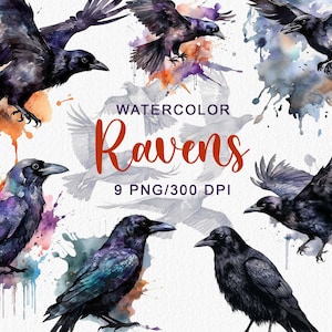 Watercolor Raven clipart watercolour crow Raven clip art png digital printable download sublimation Raven Halloween decor gothic crow PNG