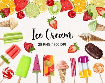 Hand Drawn Ice Cream Clipart Summer Clip art Summer Treats Ice Cream Graphics Dessert Fruit Clipart Sticker Digital clip art Dessert PNG